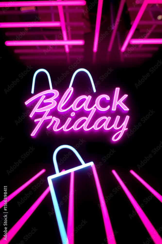 Obraz premium AI generative. Text design of black friday with pink neon glow, shoping bag lines on black background. 24