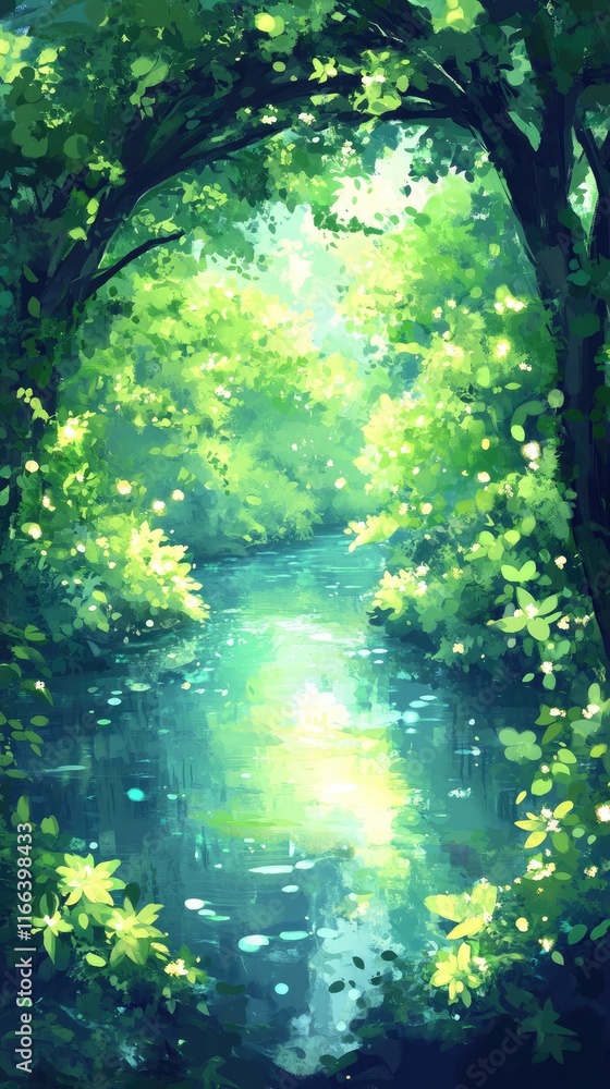 Fototapeta premium A serene river flows through a lush, green forest, creating a tranquil atmosphere.