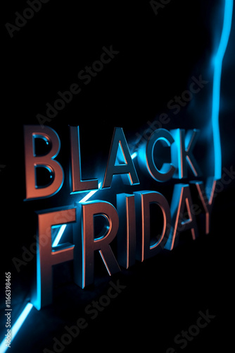 AI generative. 3d text  design of black friday with blueneon glow on black background. 28 photo