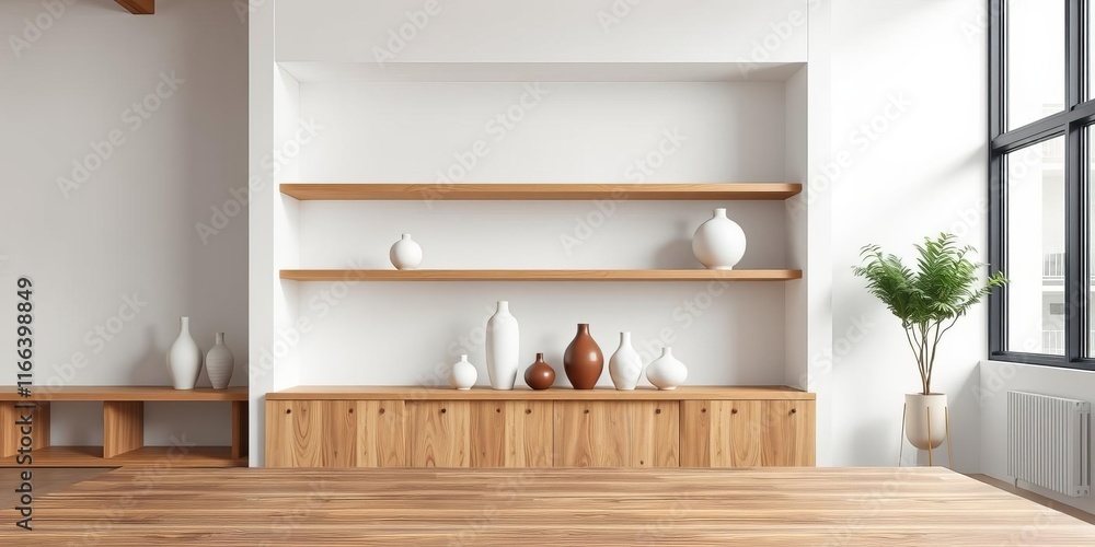 Empty minimalist wooden table with modern vases against white architecture background, concept, background Empty minimalist wooden table with modern vases against white architecture background, concept, background
