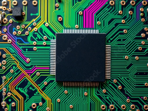 Electronic circuit boards with intricate patterns and colorful components against a digital electronic scheme background, industry, components photo