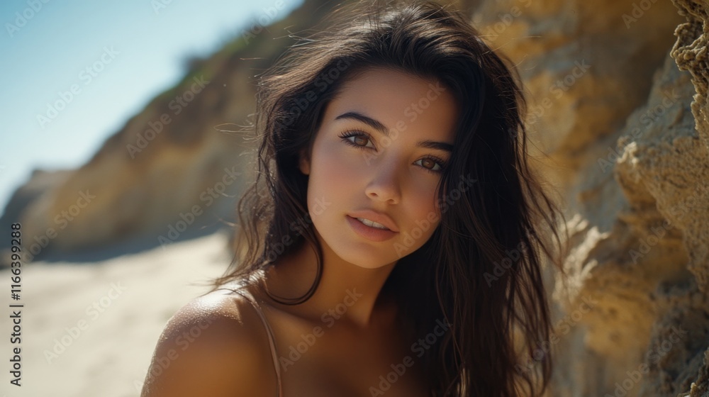 Attractive girl leaning beach cliffs closeup. Sexy model posing sandy seashore Attractive girl leaning beach cliffs closeup. Sexy model posing sandy seashore