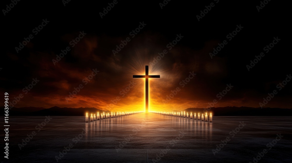 Naklejka premium A glowing cross illuminates a dark landscape, symbolizing hope.
