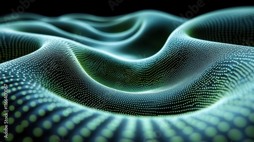 Blue wavy dots flow on a dark base, background is out of focus. Use Tech.