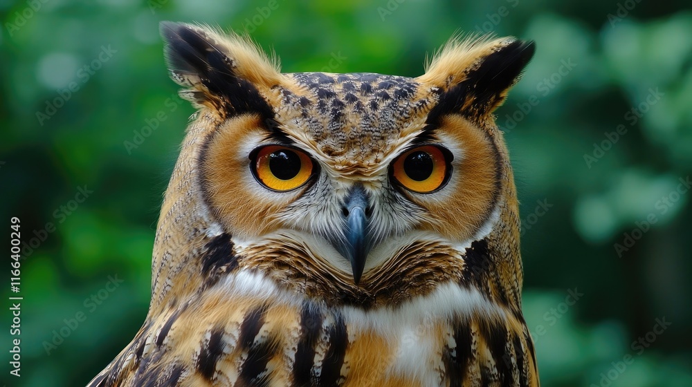 A close-up of a majestic owl with striking orange eyes and detailed feathers. A close-up of a majestic owl with striking orange eyes and detailed feathers.