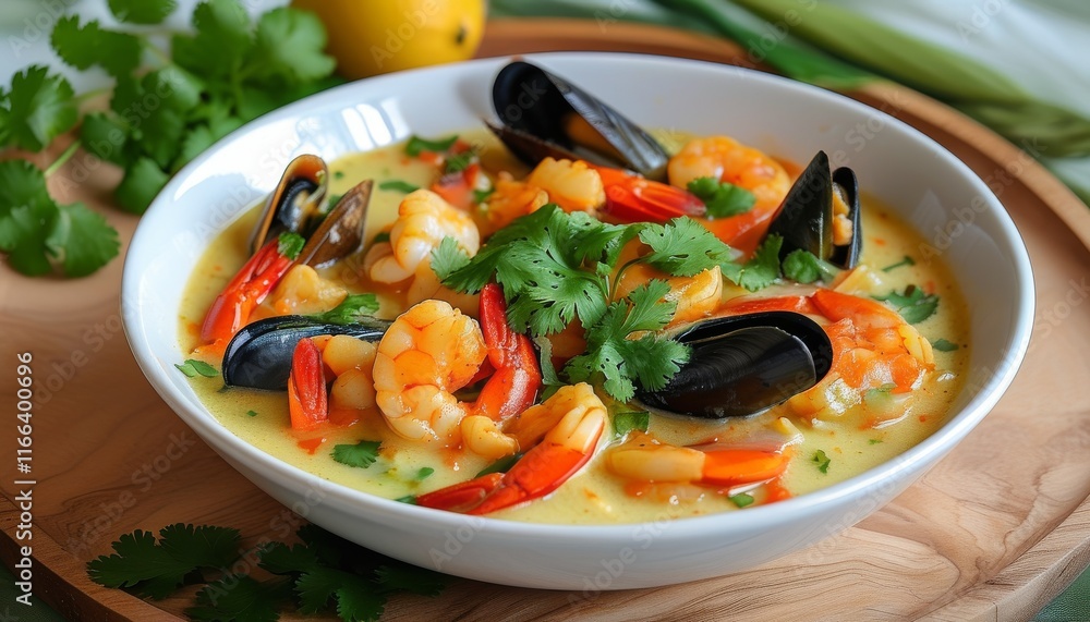 Colorful Seafood Stew with Shrimp, Mussels, and Fresh Herbs on Wooden Table Colorful Seafood Stew with Shrimp, Mussels, and Fresh Herbs on Wooden Table