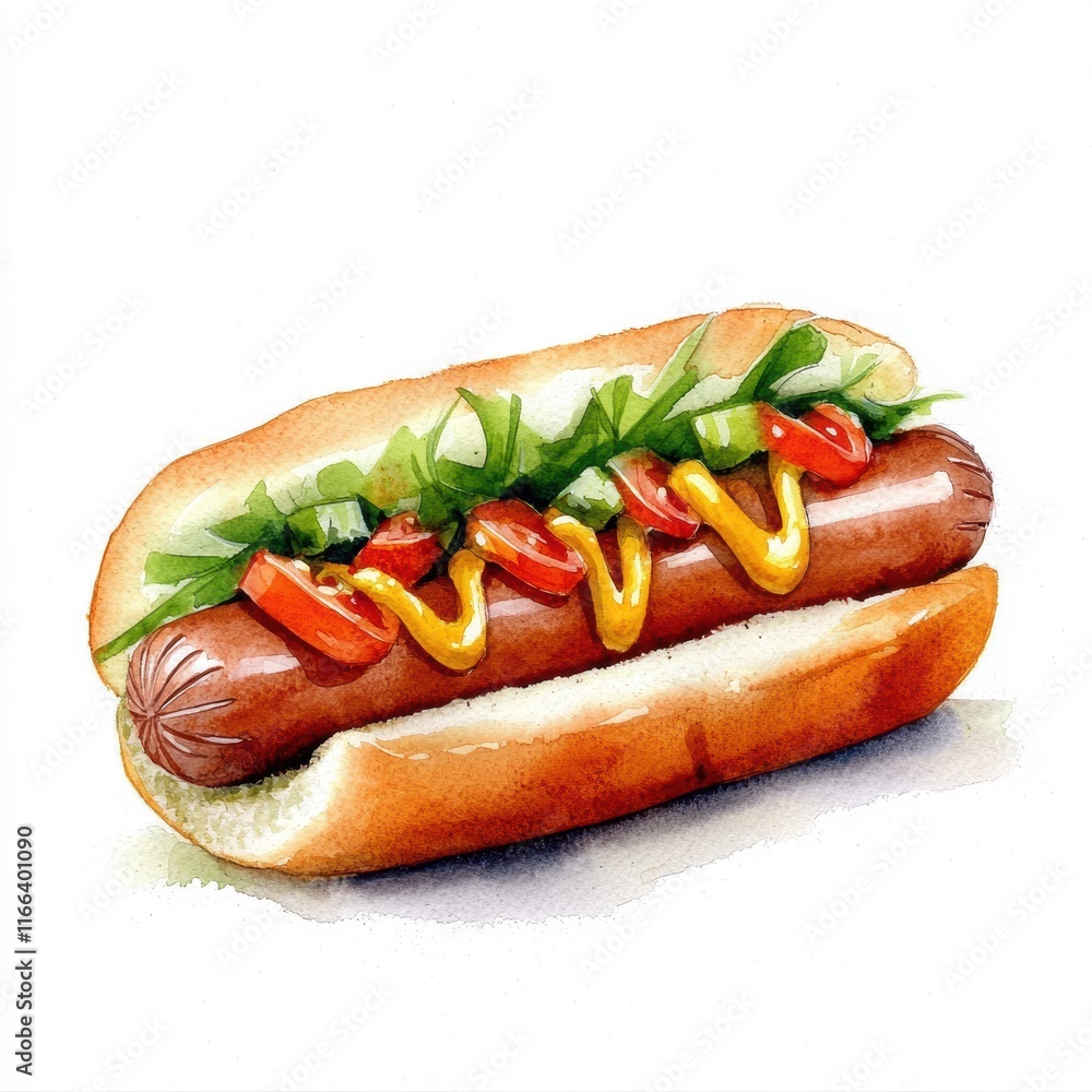 Delicious Hot Dog with Fresh Vegetables and Condiments on a White Background Delicious Hot Dog with Fresh Vegetables and Condiments on a White Background