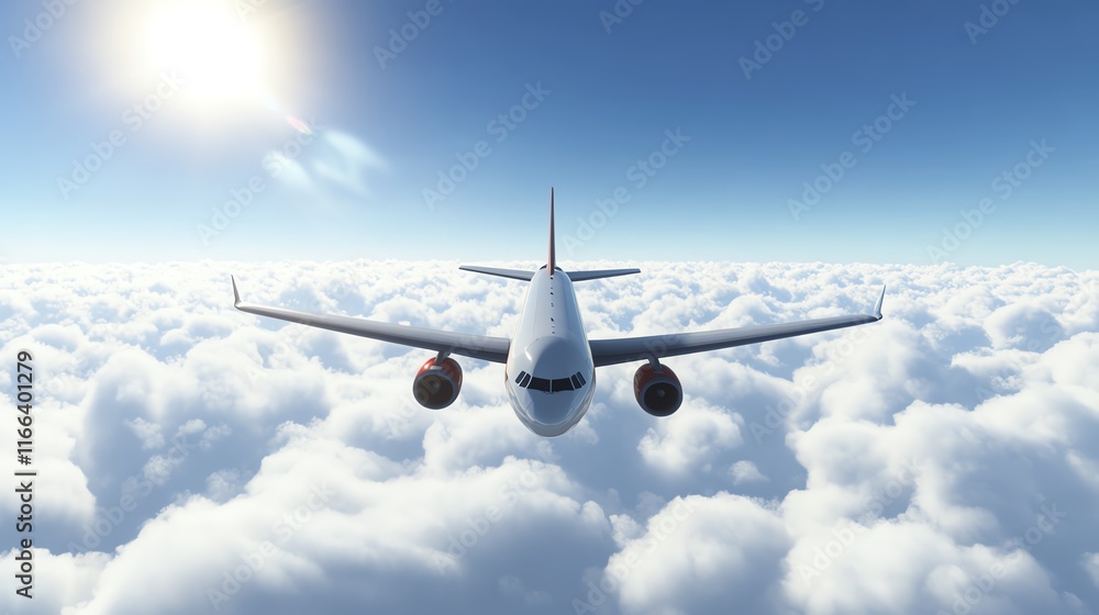 Obraz premium Aerial view of an airplane flying above fluffy clouds under a bright blue sky.