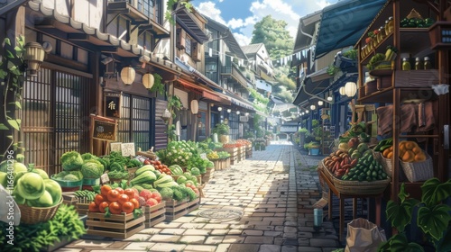 A vibrant market street filled with fresh produce and greenery.