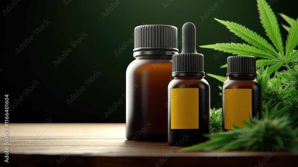 Bottles of herbal extracts with cannabis leaves on a wooden surface. Bottles of herbal extracts with cannabis leaves on a wooden surface.