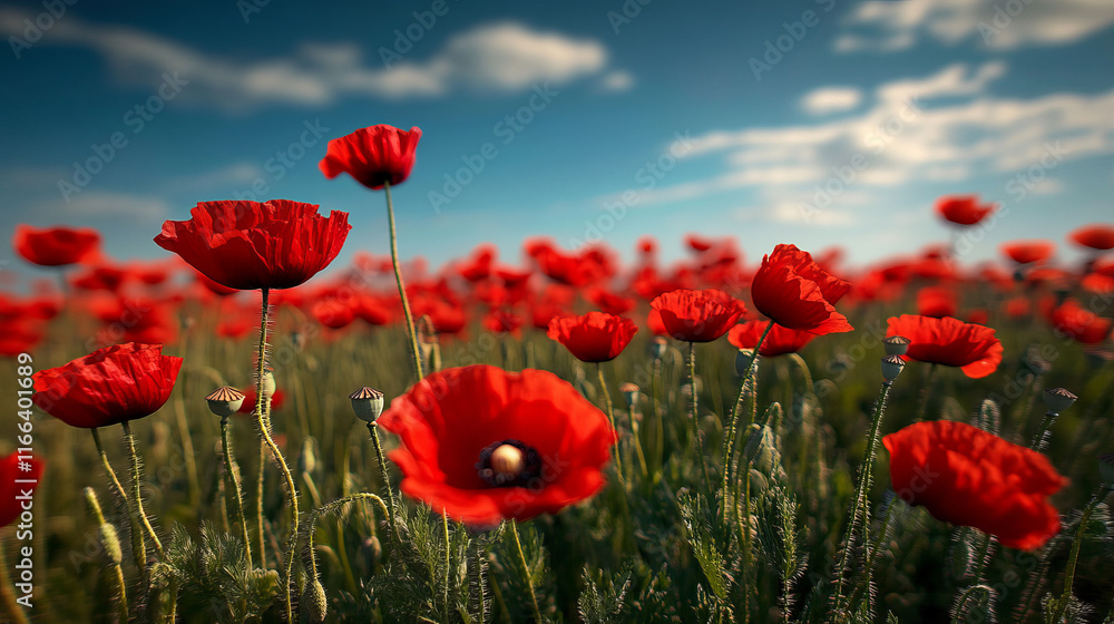 Obraz premium serene poppy field landscape with vibrant red poppy flowers blossoming under clear blue sky in scenic summer meadow ideal for nature photography and floral wallpaper backgrounds