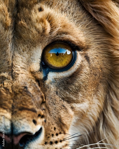 Create a close up from the eye of a lion, the eye should be a glowy brown like an emerald photo