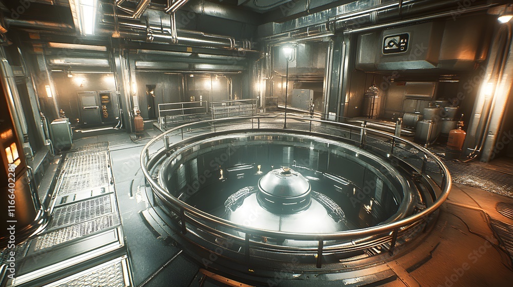 A futuristic industrial interior with a circular, central pool of dark liquid and metallic railings. A futuristic industrial interior with a circular, central pool of dark liquid and metallic railings.