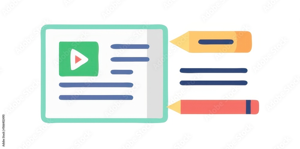 A colorful digital interface featuring a play button, text, and two pencils, symbolizing multimedia content creation and note-taking. A colorful digital interface featuring a play button, text, and two pencils, symbolizing multimedia content creation and note-taking.