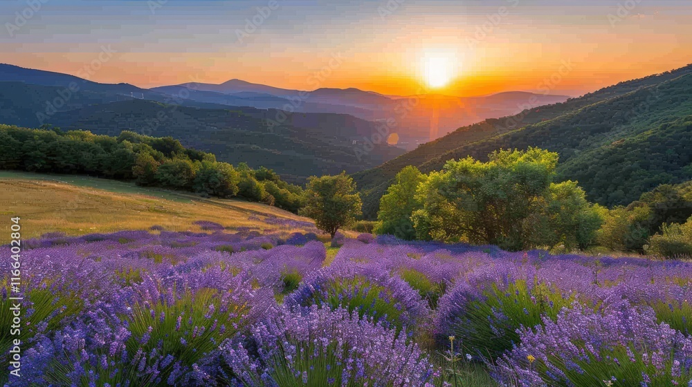 Vibrant sunset over rolling hills and a vast lavender field. Vibrant sunset over rolling hills and a vast lavender field.