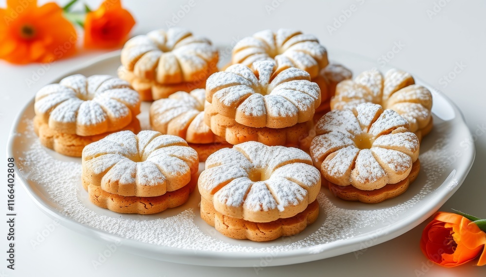 Delicate Orange Butter Cookies on a White Plate with Floral Accents and Sugar Dusting Delicate Orange Butter Cookies on a White Plate with Floral Accents and Sugar Dusting
