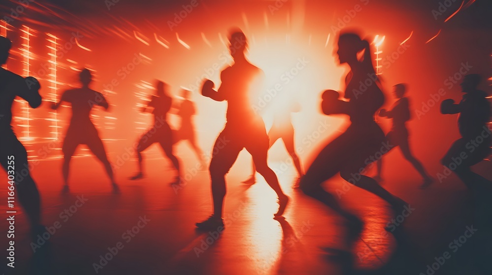 Silhouetted figures of people boxing in a dimly lit room. Motion blur effect adds dynamism to the scene, creating a powerful and energetic image. Red lighting dominates the ambiance. Silhouetted figures of people boxing in a dimly lit room. Motion blur effect adds dynamism to the scene, creating a powerful and energetic image. Red lighting dominates the ambiance.