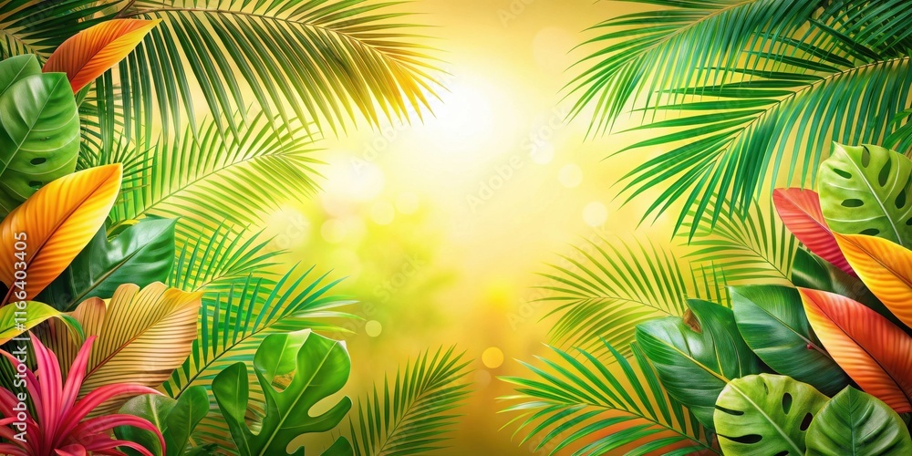 Obraz premium Lush Tropical Foliage Creates a Vibrant and Sunny Background for Design Projects