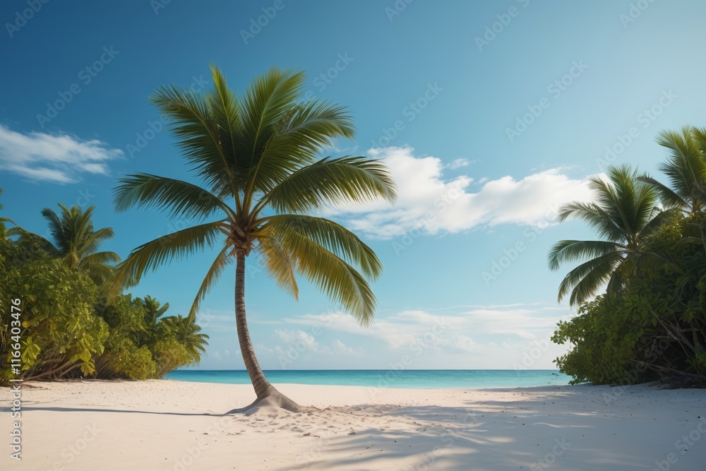 Fototapeta premium there is a palm tree on the beach with a blue sky