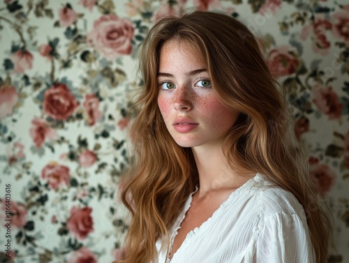 Portrait of a Young Woman with Floral Background photo