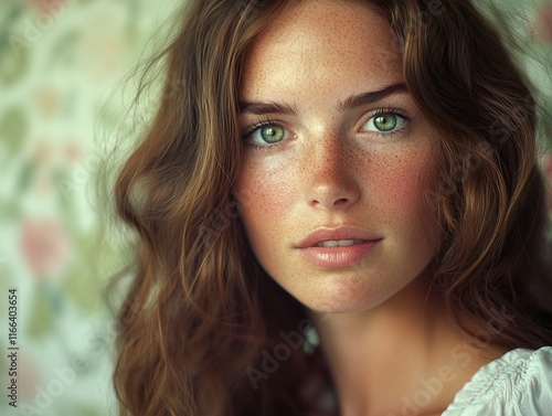 Close-Up Portrait of a Naturally Beautiful Woman with Green Eyes photo