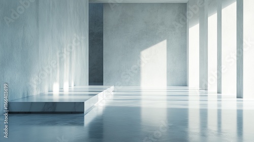 Minimalist modern interior with marble platforms and sunlit walls.