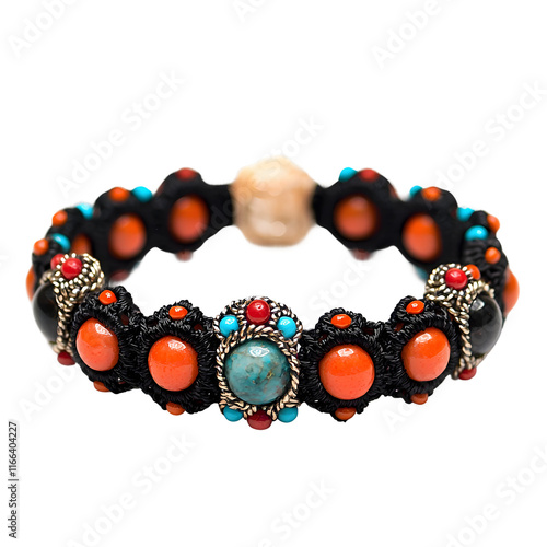 A bracelet made of coral beads and black crocheted isolated on transparent background
 photo