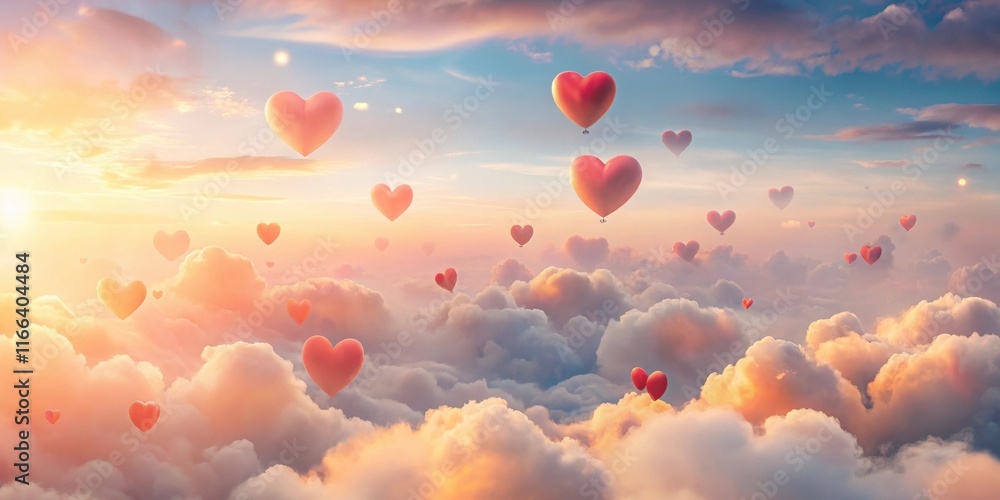 Obraz premium Heart-shaped balloons drift serenely amidst a breathtaking sunset sky, creating a romantic and peaceful scene.