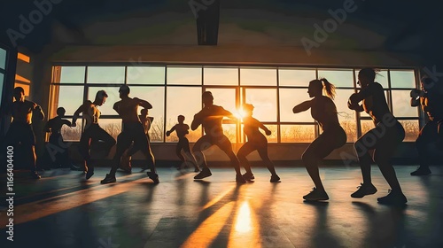 Silhouetted fitness class exercising energetically in a gym with sunset streaming through large windows.  High energy workout. Healthy lifestyle.