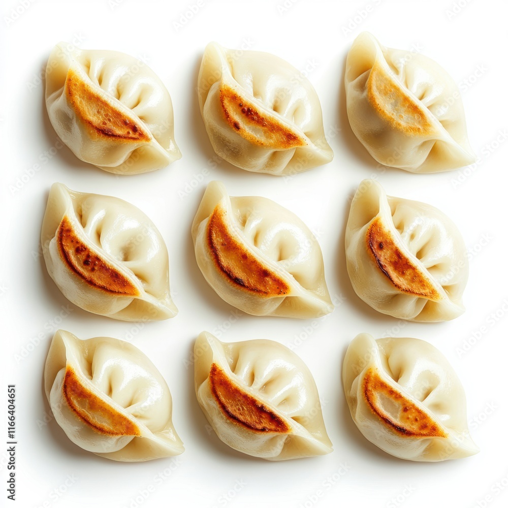 A visually appealing arrangement of pan-fried dumplings, showcasing their golden-brown filling and delicate wrappers. A visually appealing arrangement of pan-fried dumplings, showcasing their golden-brown filling and delicate wrappers.