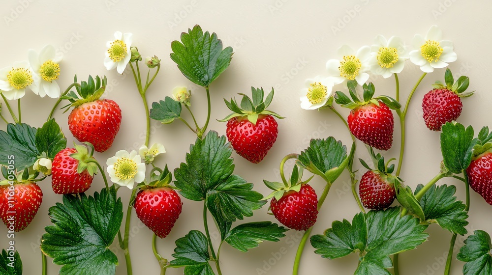 Fresh strawberries with green leaves and white blossoms on a light background. Fresh strawberries with green leaves and white blossoms on a light background.