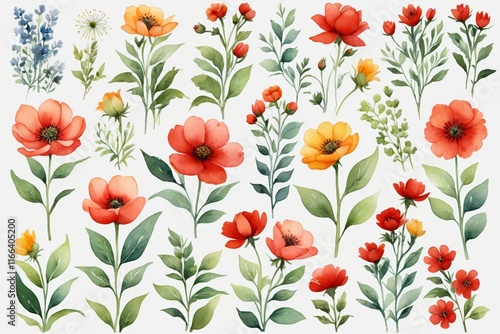 there are many different flowers and leaves on this white background