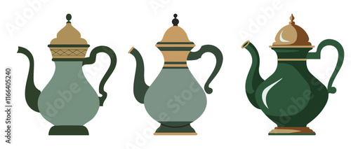 Set of green Arabic tea kettles or dallah with elegant shapes and detailed design, showcasing traditional Middle Eastern tea culture