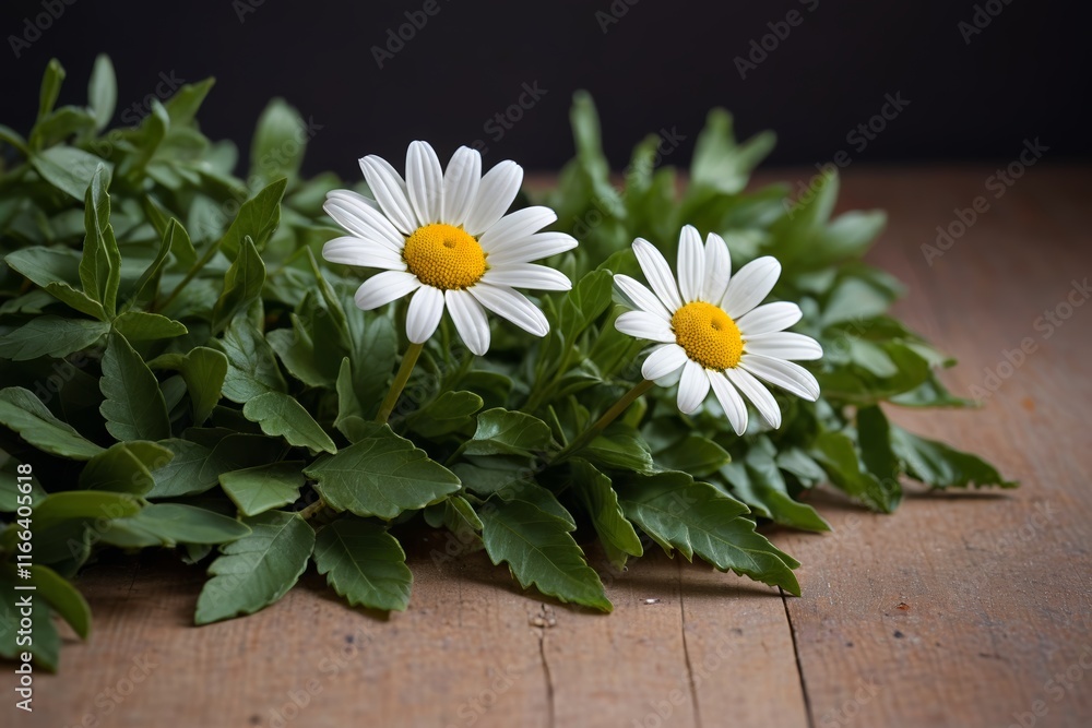 Obraz premium there are two white flowers with yellow centers on a wooden table