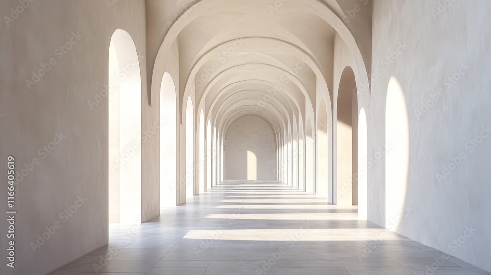 Sunlit arched hallway with minimalist design. Sunlit arched hallway with minimalist design.