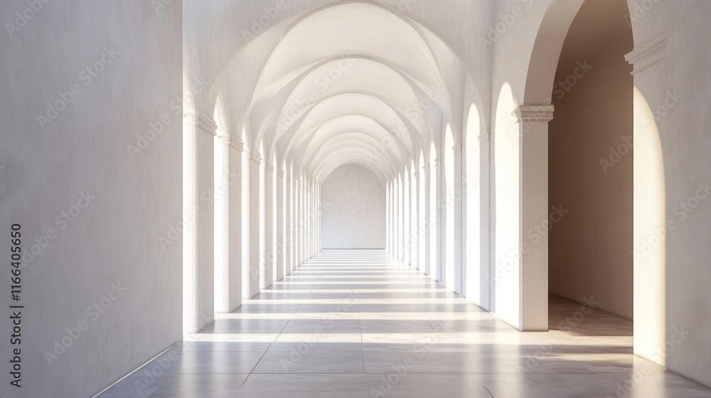 Sunlit white hallway with arches and columns. (1) Sunlit white hallway with arches and columns. (1)