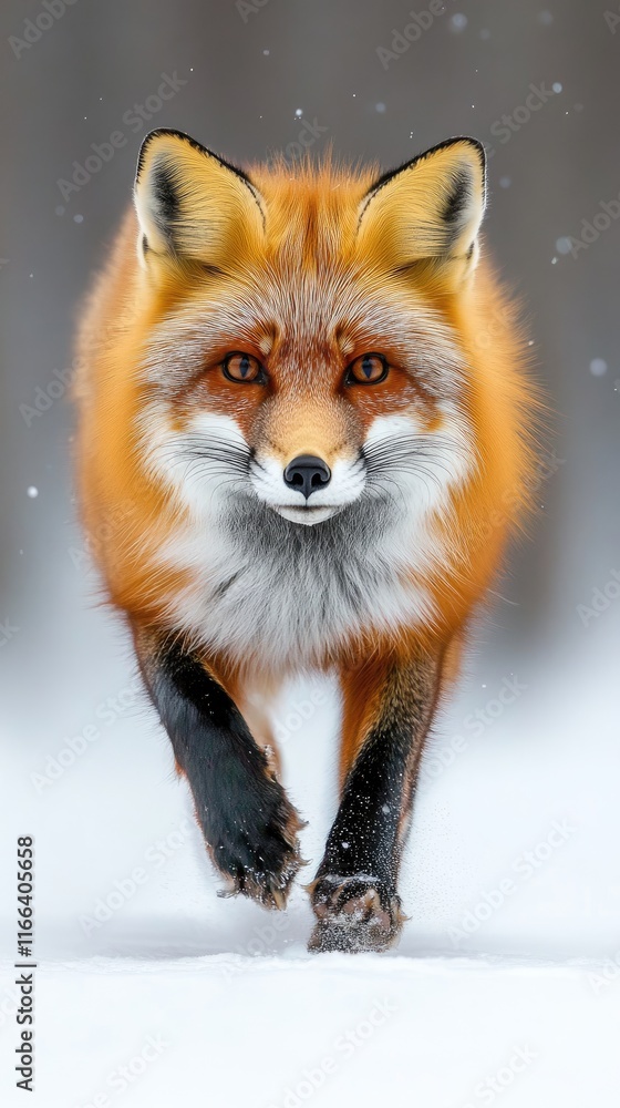 Fototapeta premium A vibrant red fox running through a snowy landscape, showcasing its striking fur and expression.