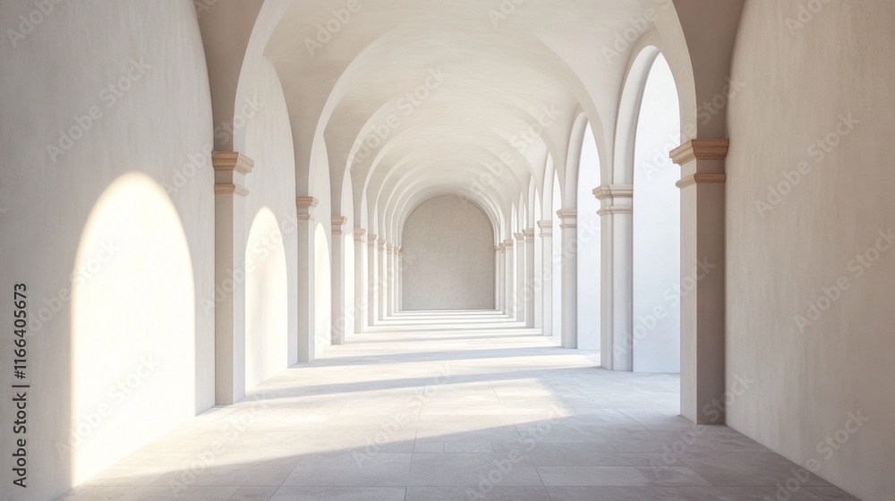 Sunlit white arched hallway, architectural interior. Sunlit white arched hallway, architectural interior.