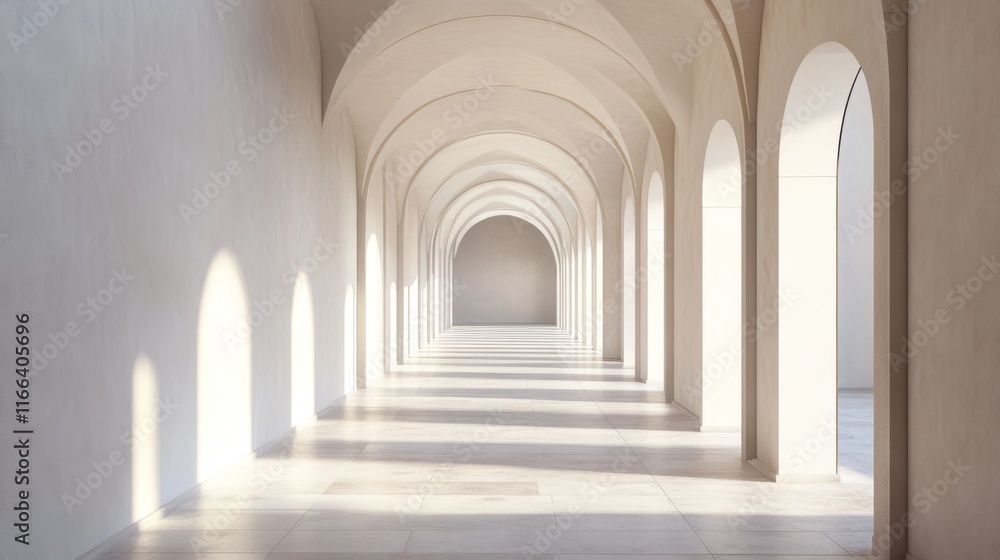 Sunlit arched hallway with soft light and shadows. Sunlit arched hallway with soft light and shadows.
