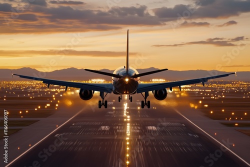 Spectacular airplane landing on runway at sunset with city lights and mountains in background aviation travel concept photo