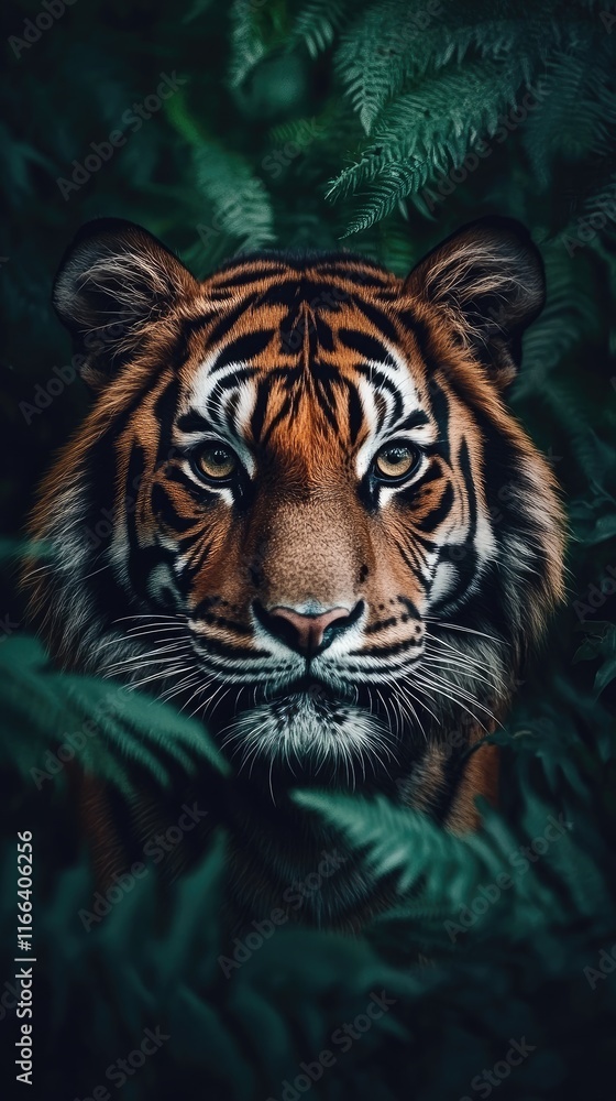 A close-up of a tiger's face surrounded by lush green foliage. A close-up of a tiger's face surrounded by lush green foliage.