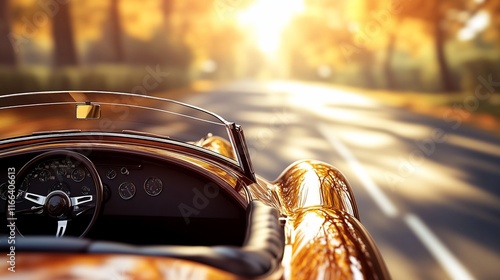 Classic car autumn road trip sunset