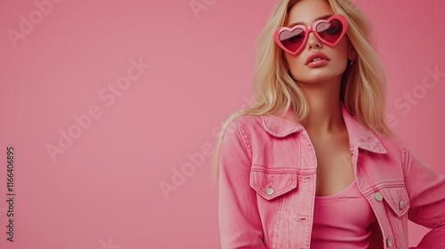 Hair Model Wearing Pink Heart Sunglasses, Trendy Fashion Portrait with Copy Space, Stylish Beauty Editorial for Advertising & Branding