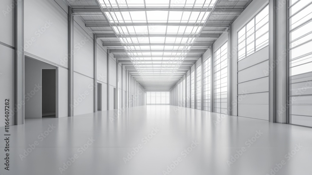 Empty modern warehouse interior with high ceiling and large windows. Empty modern warehouse interior with high ceiling and large windows.