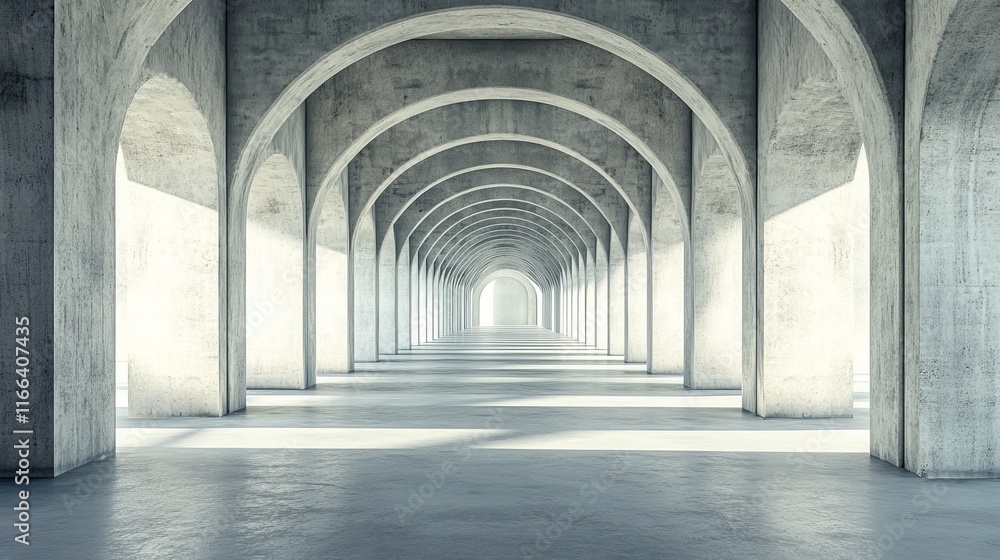 Long concrete arched hallway with light at end. Long concrete arched hallway with light at end.