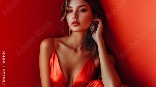 Wallpaper Mural Beautiful brunette woman tanned skin glamour model pose wear fashion clothes midi long silk dress style Torontodigital.ca