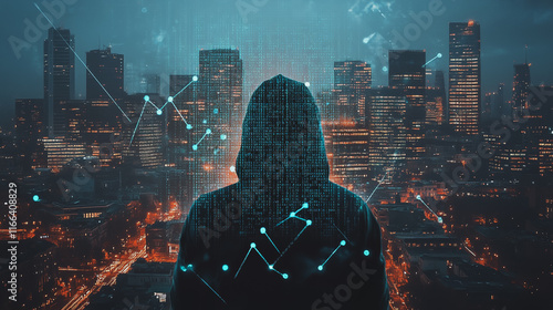 Hacker are planning to hack and attack networks and cyber security systems. Smart Innovation city with connection ffuture wireless digital city and social media networking over the sunset cityscape.	