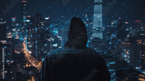 Hacker are planning to hack and attack networks and cyber security systems. Smart Innovation city with connection ffuture wireless digital city and social media networking over the sunset cityscape.	