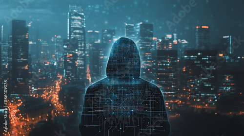 Hacker are planning to hack and attack networks and cyber security systems. Smart Innovation city with connection ffuture wireless digital city and social media networking over the sunset cityscape.	