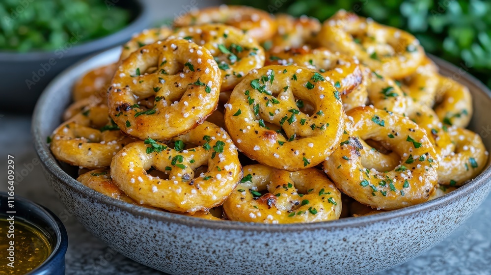 Bowl of mini pretzels sprinkled with herbs and salt. Bowl of mini pretzels sprinkled with herbs and salt.